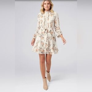 Ever New Cream Floral Print Pintuck Skater Dress Long Sleeve Belted